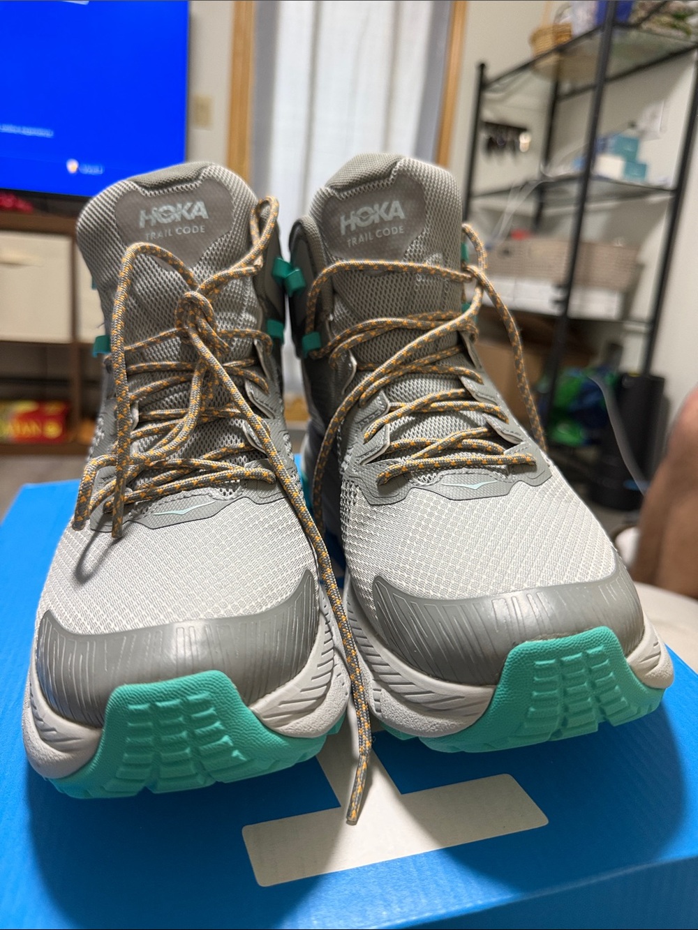 Hoka Men's Gray and Teal Trail Running Shoes